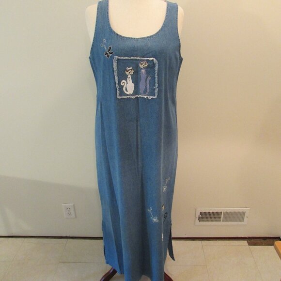 Vintage Cotton Denim Art To Wear Quirky Cats Dress USA Made Large - Picture 1 of 16
